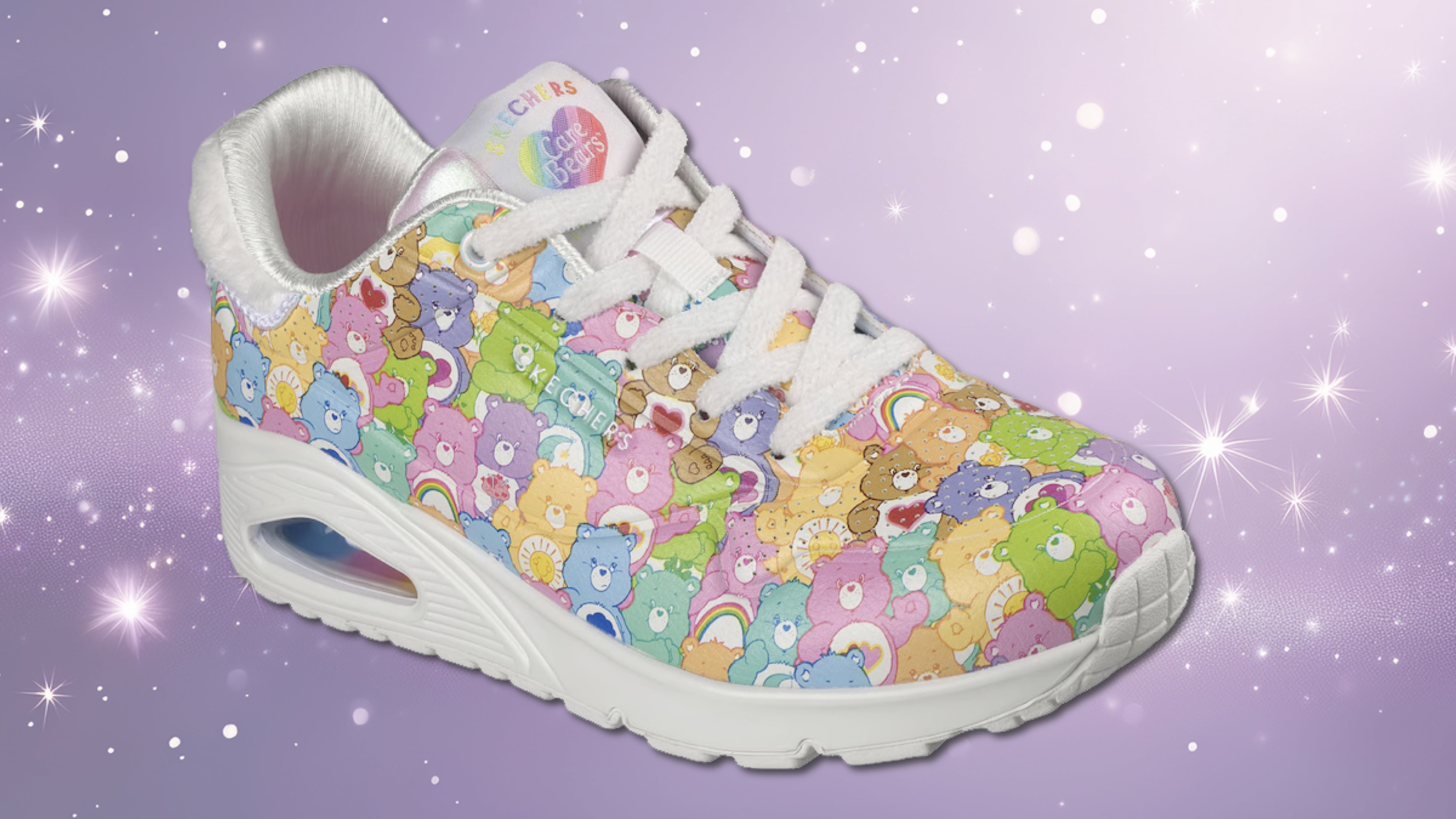 a shoe with purple care bears on a purple sparkly background