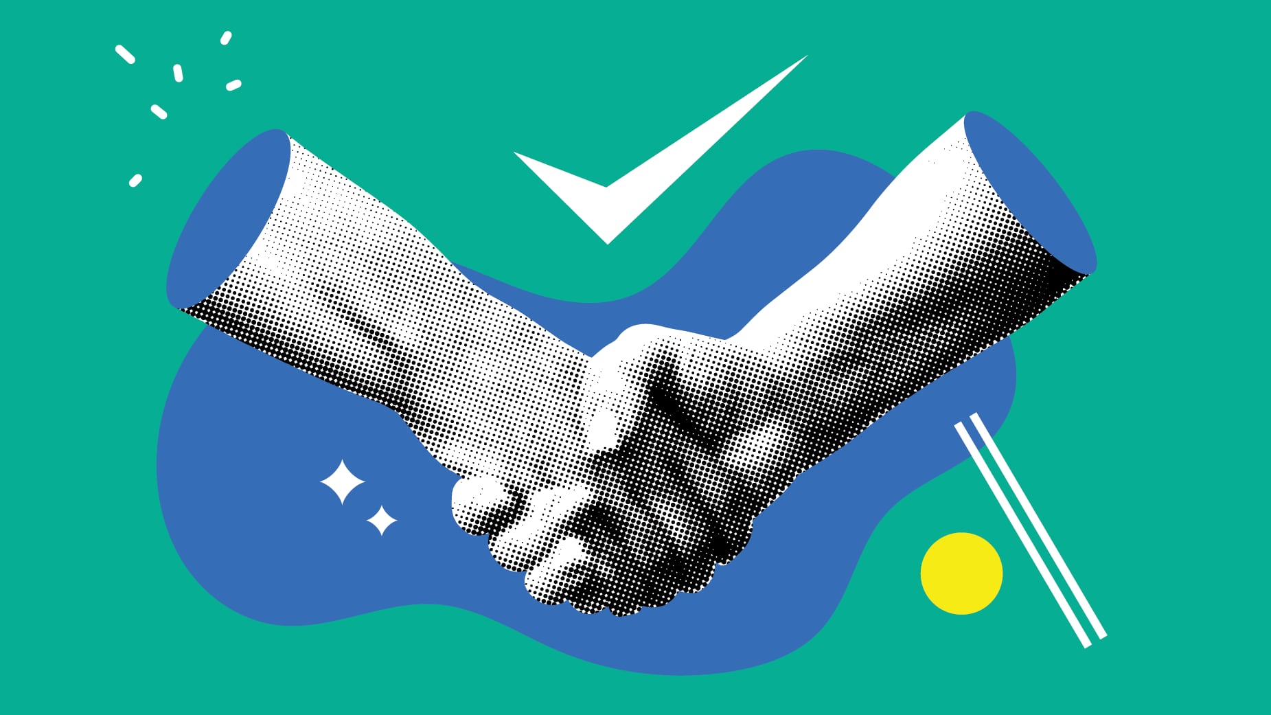 Handshake. Halftone retro hands seal deal. Shaking hands. Successful agreement. Modern collage. Conclusion of deal. Merger of companies. Business partnership. Concept of trust, networking, teamwork