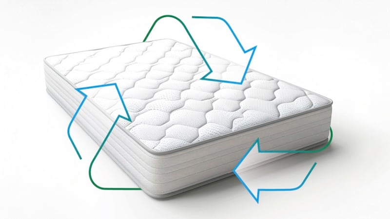 a white mattress with blue recycling arrows around it