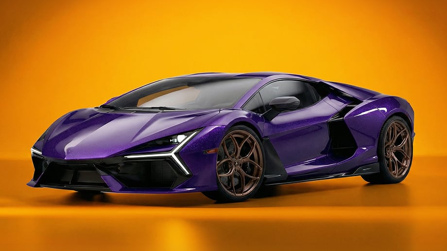 a purple supercar on an orange background