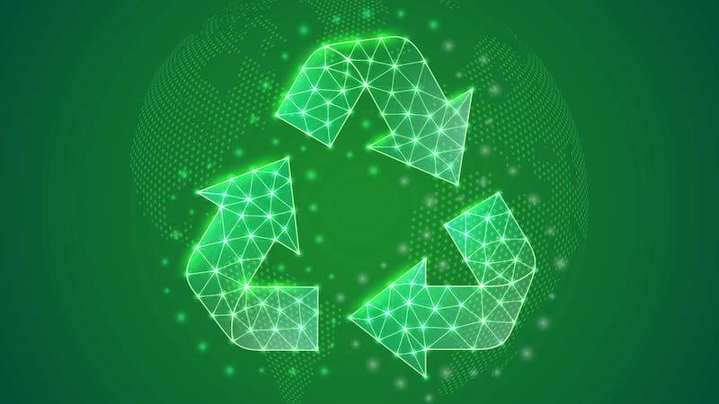 Glowing green recycling symbol made of digital wireframe triangles, overlaid on a faint dotted outline of a globe.